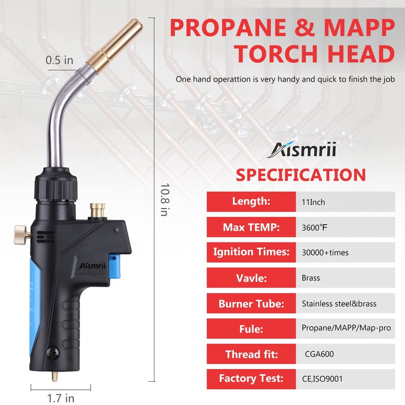 MAPP/MAP/PROPANE Gas Torch,Torch Head,Use Brazing, Copper Pipe Connection, Maximum Temperature