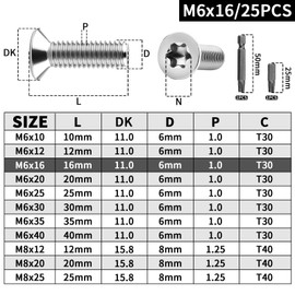 XRXYMQ Pack of 25 Countersunk Screws M6 x 16 mm Countersunk Head M6 Countersunk Screws Stainless Steel A2 V2A with Hexalobular / Torx Screws for Appliances Machines Furniture