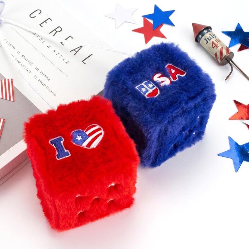 4th of July Fuzzy Dice for Car Mirror, Patriotic Red