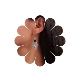 Allereya Vintage Elf Dangle Earrings Flower Fairy Drop Earrings Black Onyx Bead Earrings Silver Elf Hook Dangle Earrings Jewelry for Women and Girls