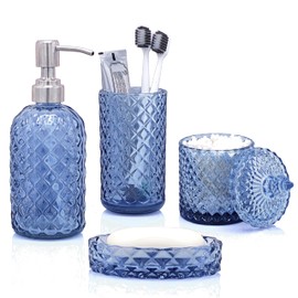 LaMarriti Blue Bathroom Accessories Set, 4Pcs Clear Glass Bathroom Decor Accessory Sets, Diamond Soap Dispenser Toothbrush Holder Set, Soap Dish, Bath Counter Organizer, Set