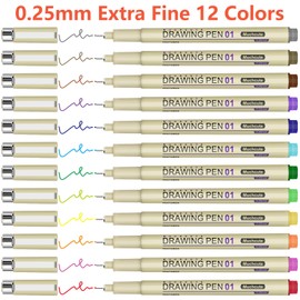 Muchcute 01 Micro Fineliner Drawing Art Pens: 12 Colors 0.25mm Extra Fine Point Bible No Bleed Smooth Journal Zentangle Study Supplies Colored Waterproof Line Ultra Needle Tip Fine liner Thin Gel Felt