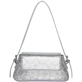 Motleader Silver Metallic Evening Bag for Women Y2K Silver Leather Shoulder Bags Sparkle Purse with Snake Crocodile Pattern, Silver