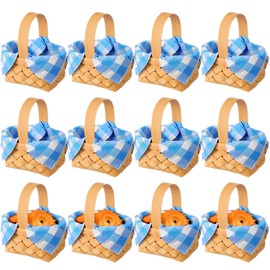 Geelin 12 Pcs Mini Woven Baskets with Handles 20 Sheets Blue and White Gingham Paper Napkins Wood Chip Mini Flower Fruit Picnic Baskets for Wedding Birthday Baby Shower Party Gifts Decoration