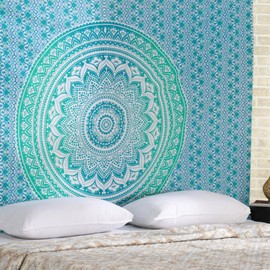 RAJRANG TRAJASTHAN TO YOU - Tapiz de mandala para colgar en la pared, color verde marino, para decoración de recámara y sala de estar, tapices bohemios de algodón, 84 x 54 pulgadas