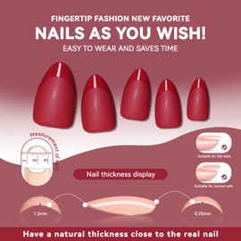 CUZIAM Red French Press on Nails Short Almond-Solid Red Nails with Glossy French Tip in a Matte Finish, Soft Gel Reusable Fall Fake Nails Winter Burgundy Stick on Nails for Women Gift, 32PCS 16 Sizes