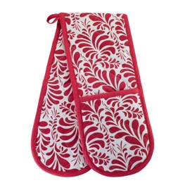 Kitchen BBQ Christmas Red Double Oven Mitts Gloves | Extra Long & Thick, Heat Resistant | Quilted Cloth Attached 1 Piece Oven Gloves | 100% Cotton Pretty Elegant Pattern Holiday Pot Holder