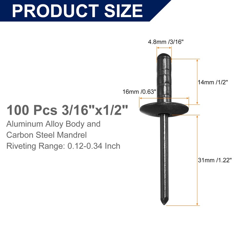 sourcing map 100Pcs 3/16"x1/2" Aluminum Blind Rivets, Large Head Multi