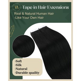 Ugeat Black Hair Extensions Tape in Human Hair For Women Tape in Hair Extensions Real Human Hair Jet Black Invisible Skin Weft Tape in Hair Extensions Seamless 16 inch 20Pcs 50G