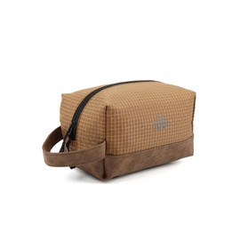 GOX Premium Plaid & Leather Travel Toiletry Bag with Reinforced Handles Cosmetic Organizer (9x5.1x5.1 inches) for Bathroom, Shaving, Makeup Essentials (Brown)