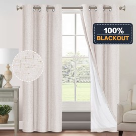PrinceDeco Primitive Textured Linen 100% Blackout Curtains for Bedroom/Living Room Energy Saving Window Treatment Curtain Drapes, Burlap Fabric with White Liner (42 x 84 inch, Ivory)