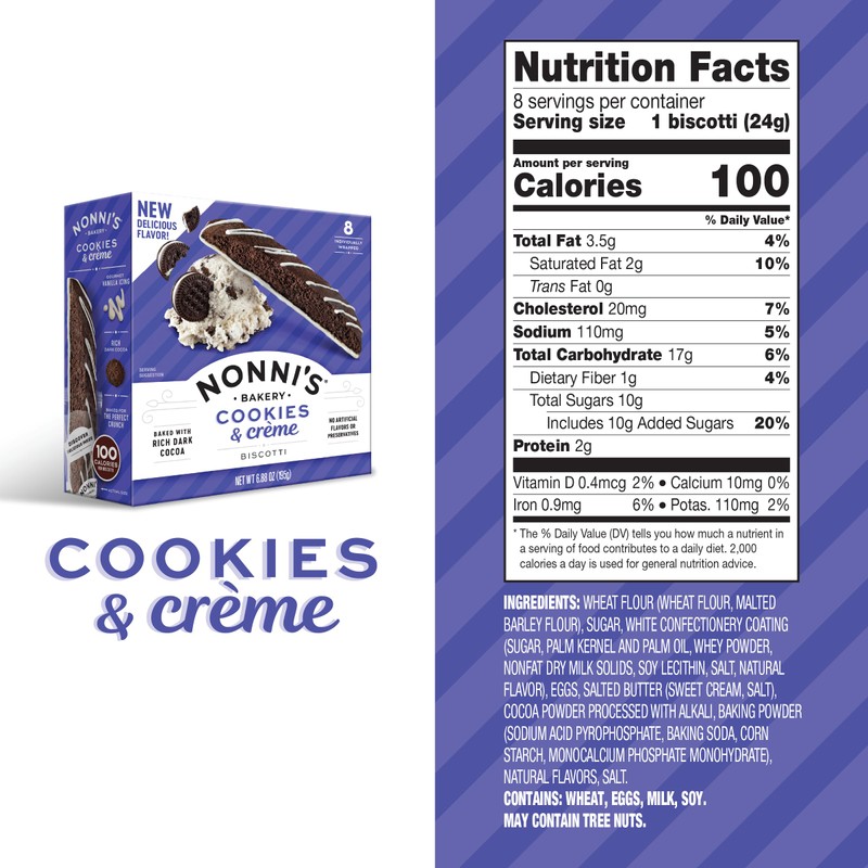 Nonni's Cookies & Crème Biscotti, Rich Dark Cocoa Cookie with