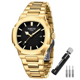 NIBOSI Men's Wristwatch, Stylish, Business, Stainless Steel, Metal Band, Waterproof, Analog, Metal Band, Casual, Date, Fluorescent, Classic Luxury Gift, Gold, Black, Wach for Men, G2632 Gold Black,
