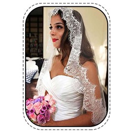 Zehope 1 Tier Bride Veil 59'' Ivory Short Fingertip Mantilla Long Veil Bridal Catholic Veils Lace Edge for Wedding (Ivory, Standard)
