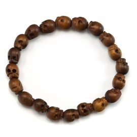 Spyglass Designs Men's Skull Bracelet Brown Wooden Carved Mala Beads Man's Male Stretchy Adjustable, 8"