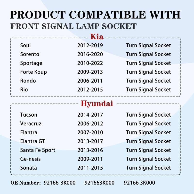 92166-3K000 Front-Turn-Signal-Lamp-Socket Holder Bulb Plug Socket Assembly Compatible with KIA