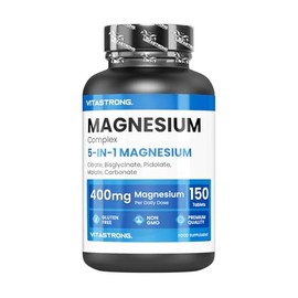 Magnesium 5 in 1 400mg, 150 Tablets of 5 Sources of Magnesium Glycinate, Citrate, Pidolate, Carbonate,Malate, Vitastrong Supplement Tablets, GMO Free