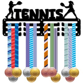 CREATCABIN Tennis Medal Holder Hangers Medal Display Rack Organizer Small Metal Sports Awards Medal Shelf Frame Medal Ribbon Plaques Hanger Wall Mounted for Race Athlete Black 11.4x5Inch
