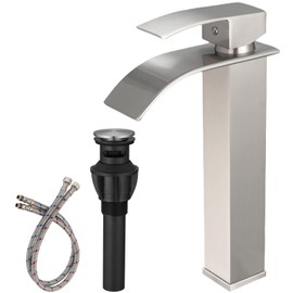 Bathfinesse Waterfall Bathroom Faucet Brushed Nickel Stainless Steel Vessel Sink Faucet Tall Single Handle One Hole Deck Mount Bowl Vanity Sink Faucet with Pop-up Drain Stopper