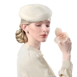 HIMESPORT Women's Elegant Bridal Straw Fascinator Hat with Veil | Wedding Church Hat & Formal Tea Party Headpiece Beige White