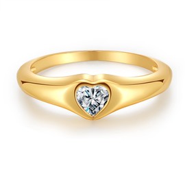 espere Cubic Zirconia Inlay Heart Signet Ring 18K Gold Plated | Minimal Dainty Pinky Ring | Simple Small Stackable Heart Ring Promise Ring Birthday Gift for Her [Size 6]