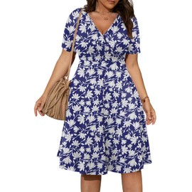 POSESHE Womens Blue Plus Size Dresses Vneck Short Sleeve Sundress Summer Cocktail Dress with Pockets,Blue Flower,2XL