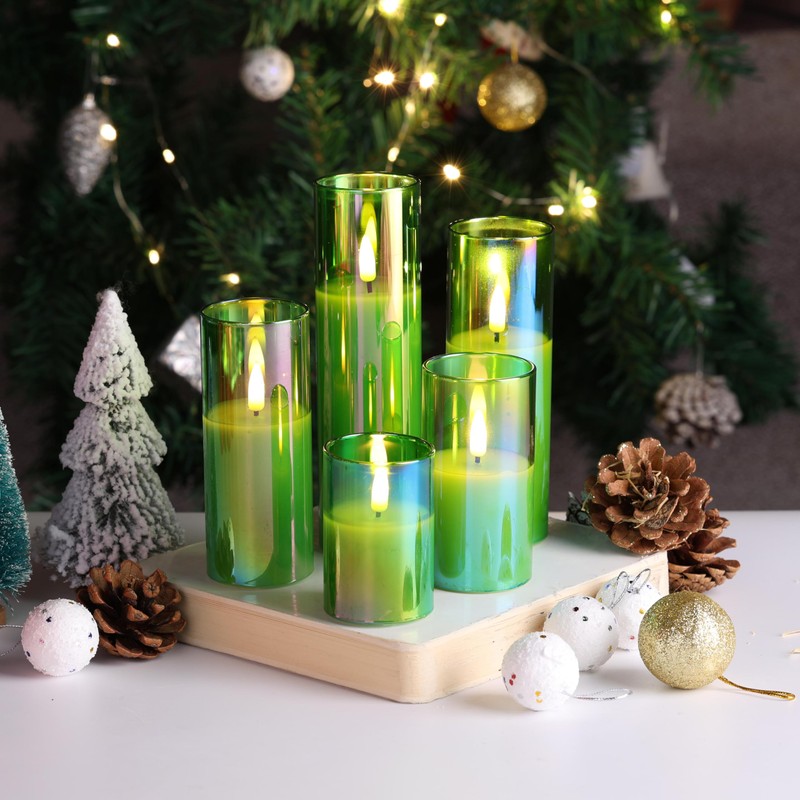 Eywamage Green Glass Flameless Candles with Remote Batteries, Flickering Slim