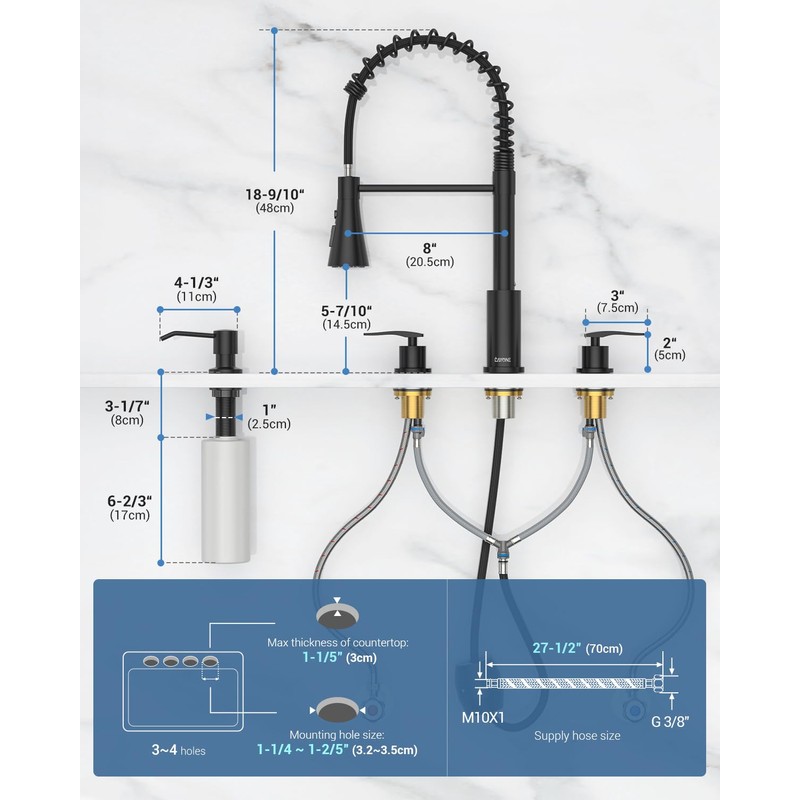 4 Holes Kitchen Faucet Matte Black, Commercial 3 Hole Kitchen