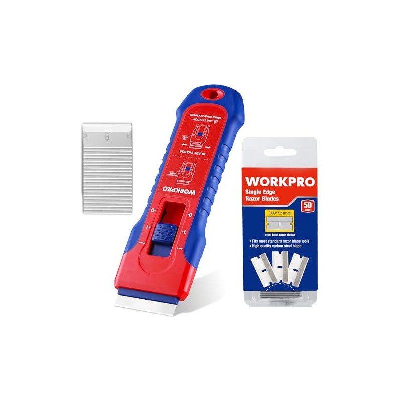 WORKPRO Retractable Razor Blade Scraper with 56 Blades, Built-in Storage