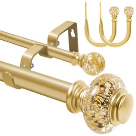 BHSRODS 1" Modern Gold Double Curtain Rod Glass Ends, 48 to 84 Inches