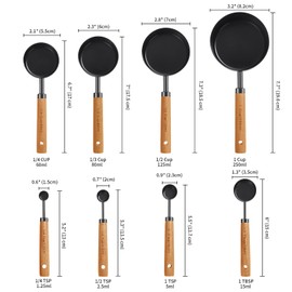 Cuteefun Measuring Cups and Measuring Spoons, 8 Pieces, Wooden Handle, with Metric and US Measurements, Premium Stainless Steel, Black Polished, Dry & Liquid Measuring Cup, for Cooking, Baking, Drinks