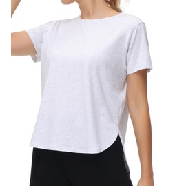 THE GYM PEOPLE Women's Workout T-Shirts Loose Fit Short Sleeve Cotton Running Basic Tee Tops with Split Hem Heather White