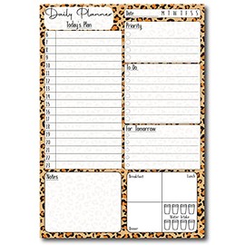 A5 Daily Planner 50 Sheet Note Pad with Schedule, Priority, To Do Lists, Doodle Notes & Meal Organiser (Leopard Print)