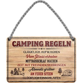 WOGEKA ART Retro Tin Sign – Camping Rules: Happy Wake Up – Funny Saying as a Gift Idea for Birthday Christmas Decoration 18 x 12 cm Vintage Design Metal Hanging Sign HS485