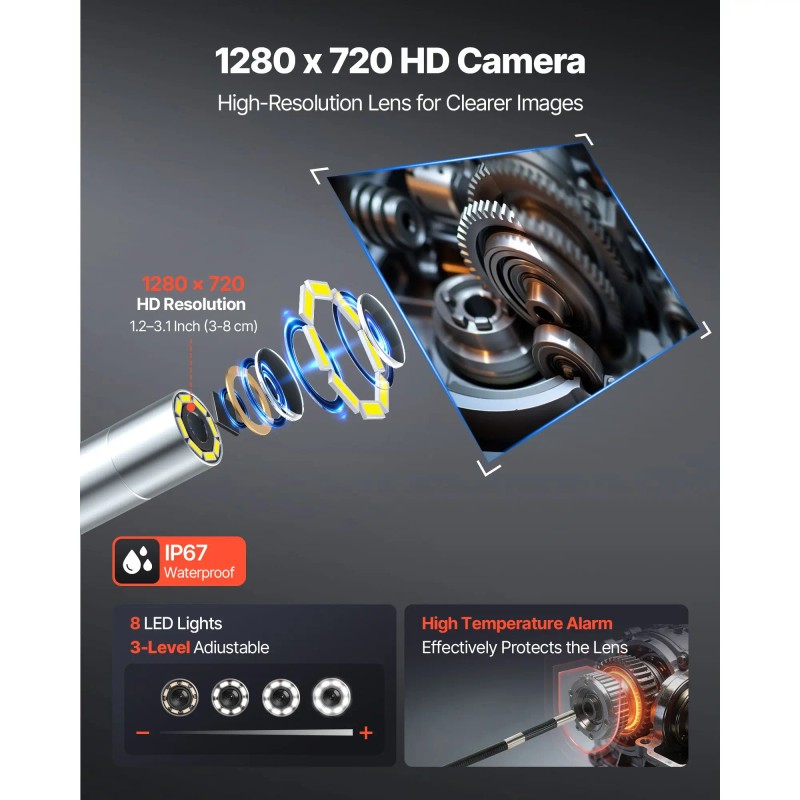 0.24\" Slim Lens 4.3\" IPS Screen 8X Zoom Articulating Borescope