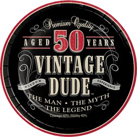Vintage Dude 50th Birthday Dessert Paper Plates - 24 Count, Fun Design