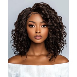 FASHION IDOL Short Curly Human Hair Bob Wigs for Women Wear and Go Deep Wave Lace Front Wig C-Part Shouder Lenth Wig Pre plucked with Baby Hair Natural Black 150% Density