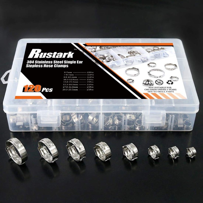 Rustark 120Pcs 6-23.5mm 304 Stainless Steel Single Ear Stepless Hose