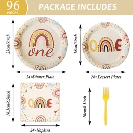 96 Pcs Boho Rainbow Party Plates and Napkins Party Supplies Boho Rainbow 1st Birthday Party Tableware Set Boho One Party Decorations Favors for Baby Girls Boys Birthday Baby Shower Serves 24
