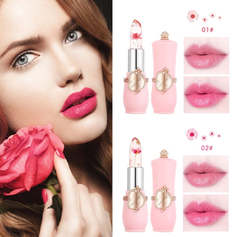 LZYLLS 2 Pack Crystal Jelly Flower Lipstick,Magic Temperature Color Change