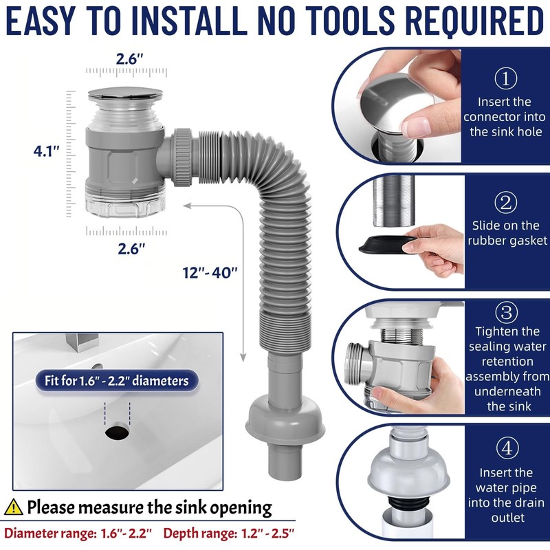 Bathroom Sink Drain Kit with Flexible Expandable Pipe: Odor-Free &