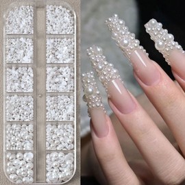 12Grids Pearls Nail Charms Nail Art Rhinestones for Acrylic Nails 3D Multi Sizes Half Round Pearl Nail Charms White Flat Back Design Nail Jewelry for Women DIY Nail Art Crafts Decoration Supplies