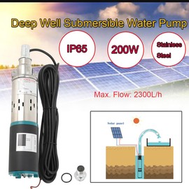 Deep Well Submersible Pump 1 Inch 12V Solar Submersible Pump 2300L/H Submersible Well Pump, Max. Dive Depths: 30m/98.43ft, 200W Deep Well Pump Stainless Shell