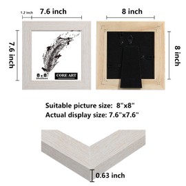 CORE ART 8x8 Picture Frame, Handmade Wood Rustic White Photo Frame, High Definition Semi-tempered Glass Wall or Tabletop Display