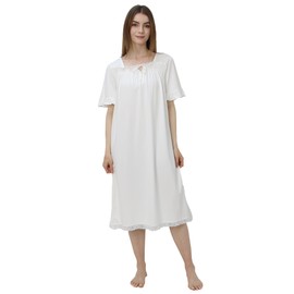 OCCIENTEC Women's Cotton Summer Short Sleeve Vintage Long Nightdress with Lace White, White, S