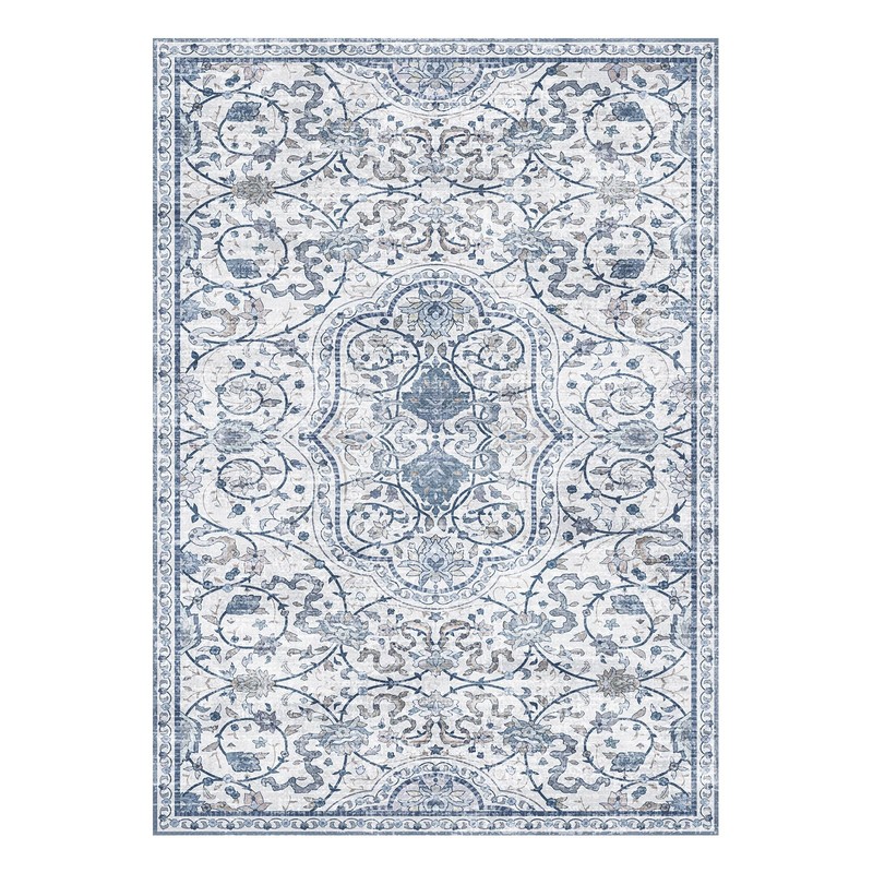 2'×6' Blue Floral Vinyl Runner Rug, Non-Slip Floor Mat for