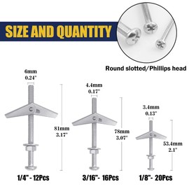 Bonost 48 Sets Toggle Bolts - 1/4 3/16 1/8 Inch Butterfly Toggle Anchors for Drywall - Toggle Bolt Assortment Kit with Matching Wing Nuts, Hex Nuts, Washers