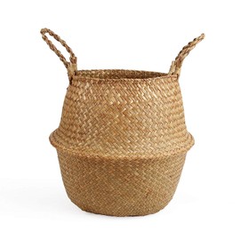 BlueMake Woven Seagrass Belly Basket for Storage, Plant Pot, Laundry, Picnic and Grocery Basket with Handle (Large, Original)