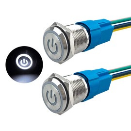 Aiqeer 2 Pcs 16 mm Self-locking Latching Push Button Switch, 12V / 24V 5A Car Ignition Starter Switch, IP67 Waterproof Stainless Steel Push Button Switch, with Pre-Wired Socket (White LED)