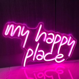 GGK My Happy Place Neon Sign LED Light up My Happy Place Sign for Wall Decor Pink Neon Lights Neon Letters Room Aesthetic Accessory (My happy place)